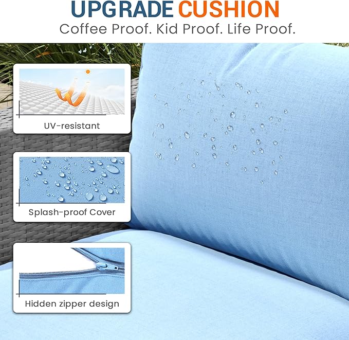 Wisteria Lane Patio Furniture Set, 2 Pieces Armless Wicker Outdoor Furniture Patio Couch with Washable Cushions, Oversized Outdoor Sectional for Garden, Poolside, Backyard, Blue