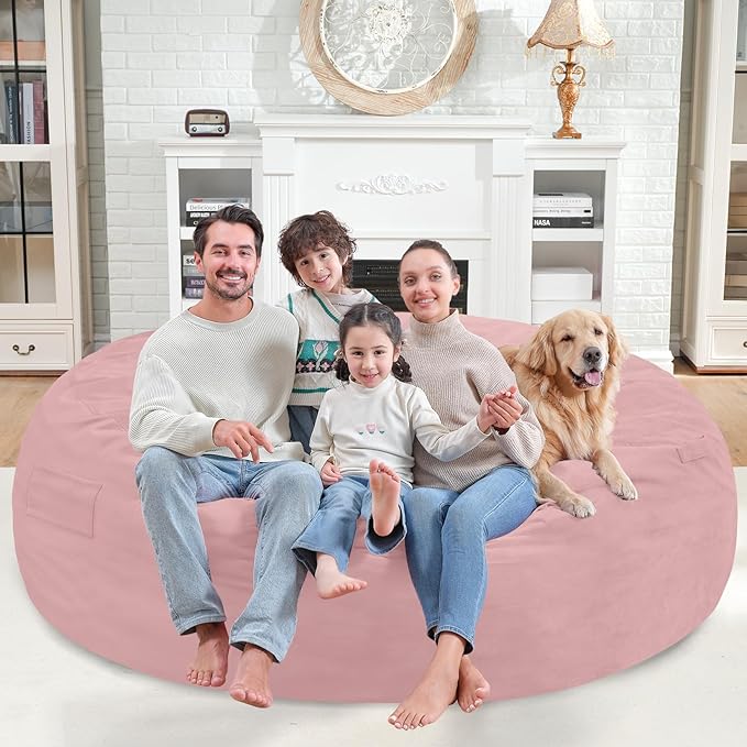 7FT Bean Bag Chair, Large Bean Bag Chairs with Memory Foam Filled, Fluffy Beanbag Sofa with Dutch Velvet Cover, Round BeanBag Chairs for Living Room, Playroom - Light Pink