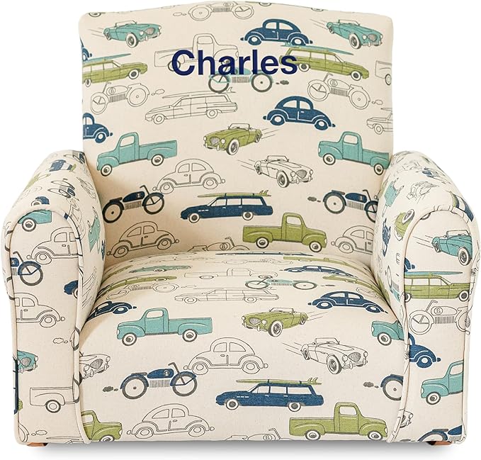 Toddler Personalized Armchair, Kids Upholstered Rocking Chair with Personalization, Toddler Chair with Personalized Name, Comfy Child Armchair, (Cars & Trucks Print, Rockers)