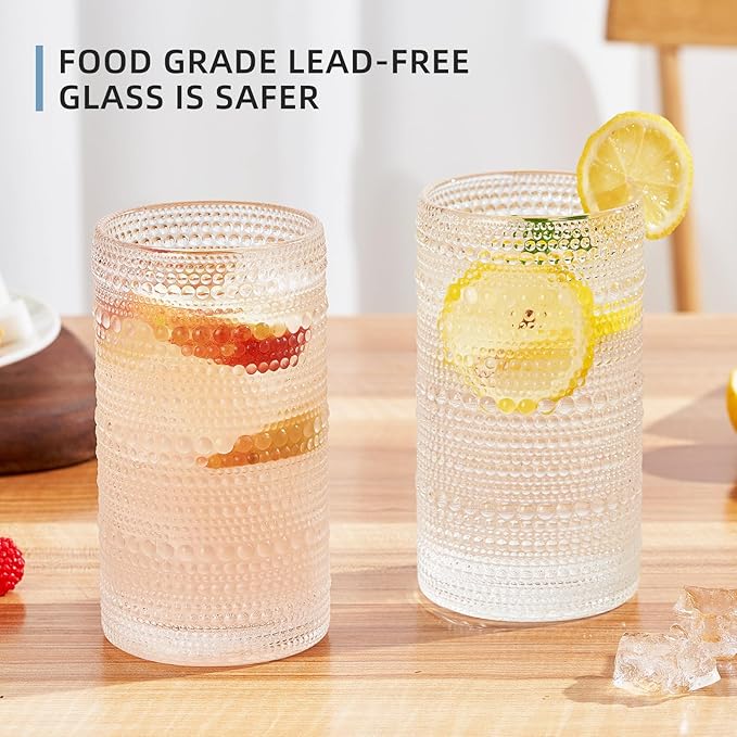 16oz Hobnail Drinking Glasses Set of 6, Vintage Large Capacity Embossed Clear Tumblers, Highball Glasses for Water, Cocktail, Beer, Whiskey, Juice & Bar Use