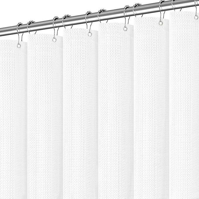 Long White Shower Curtain Waterproof Large Heavy Duty Fabric Shower Curtains for Bathroom, Machine Washable Tall 256GSM Modern for Spa Hotel with 12 Metal Hooks, 72Wx78H