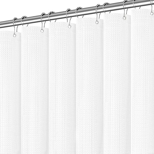 Long White Shower Curtain Waterproof Large Heavy Duty Fabric Shower Curtains for Bathroom, Machine Washable Tall 256GSM Modern for Spa Hotel with 12 Metal Hooks, 72Wx78H