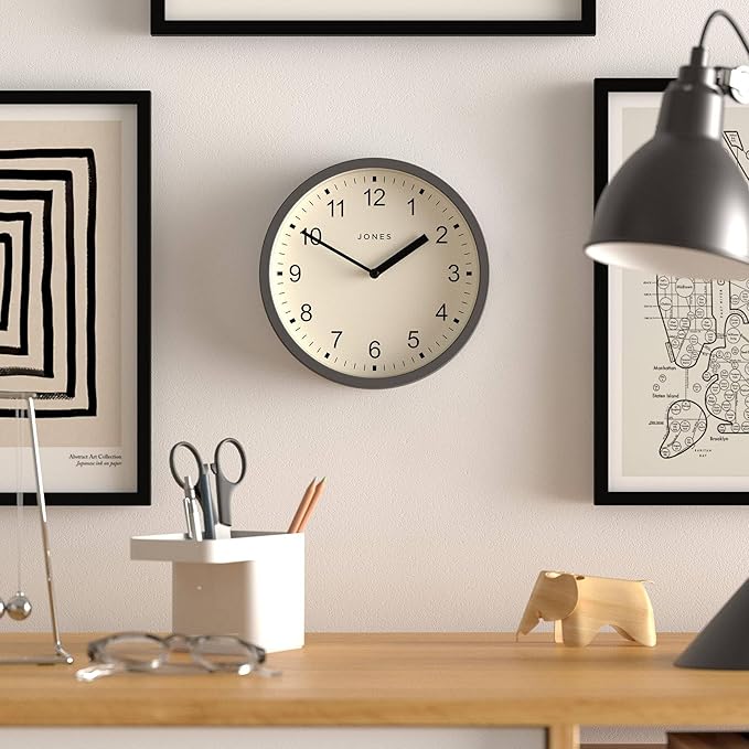 JONES CLOCKS® Spin Wall Clock | Small Modern Round Clock | 20cm | Dark Gray | Easy to Read Numbers | Ideal for Kitchen, Office, Children’s Room or Any Small Space