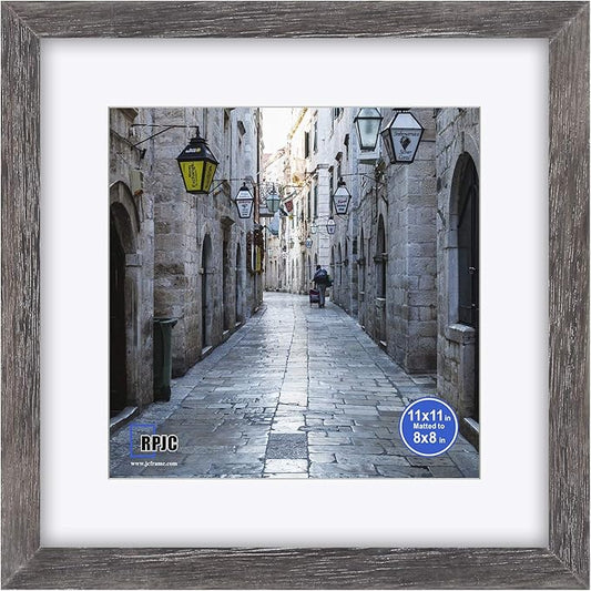 RPJC 11x11 inch Picture Frame Made of Solid Wood and High Definition Glass Display Pictures 8x8 with Mat or 11x11 Without Mat for Wall Mounting Photo Frame Driftwood Finish