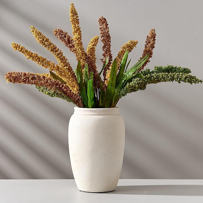 Ceramic Vase, 8.2 Inches Vintage Pottery White Vases, Rustic Home Decor, Farmhouse Terra Cotta Vase for Living Room, Entryway, Floor, Holiday Wedding Christmas New Year Gifts-Beige