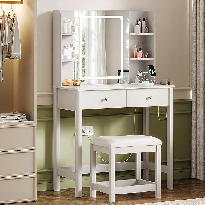 Vanity Desk with Mirror and LED Lights, Small Makeup Vanity Table Set with Drawers and Chair, Dressing Table with Power Outlet for Girls Bedroom, White
