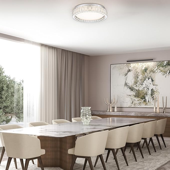 LamQee Crystal Flush Mount Ceiling Light Fixture, Dimmable LED Modern Close to Ceiling Light, Hallway Light Fixtures Round Chandelier for Bedroom Kitchen Bathroom Dining Living Room, Large, 21.65 inch