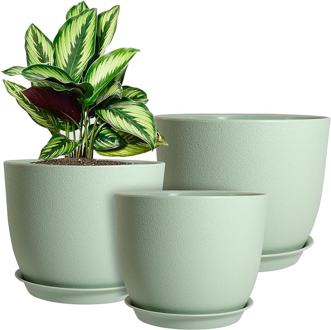 WOUSIWER Plant Pots 10/9/8 inch, Set of 3 Modern Decorative Plastic Planters with Drainage Holes and Saucers for House Plants Indoor Flowers Plants, Green
