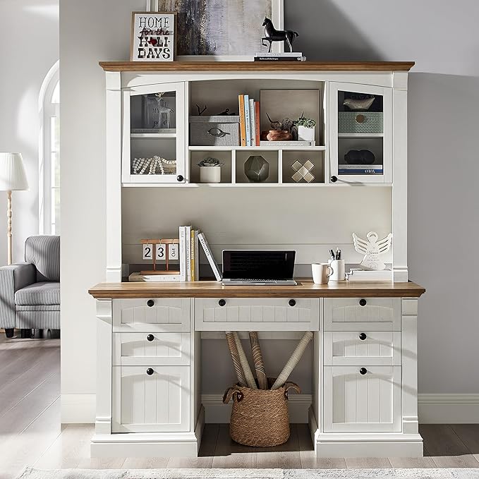 OKD 60" Executive Desk with Hutch and Drawers, Farmhouse Home Office Desk with Charging Station, Keyboard Tray, File Cabinet Storage, Wood Computer Desk for Work and Study, Antique White