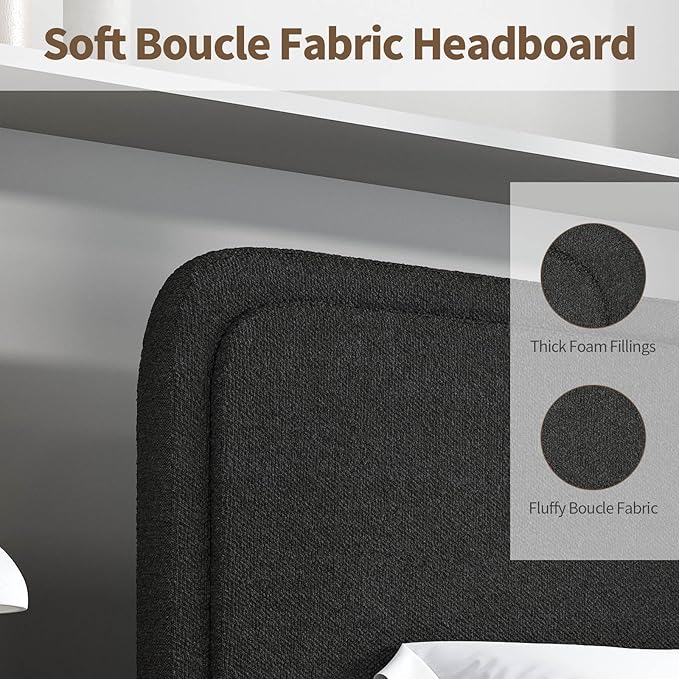 BarnFurin King Size Boucle Bed Frame and Headboard, Cloud Upholstered Platform Bed Frame, Soft Rounded Corners, Modern Style, No Box Spring Required, Easy Assembly, Black