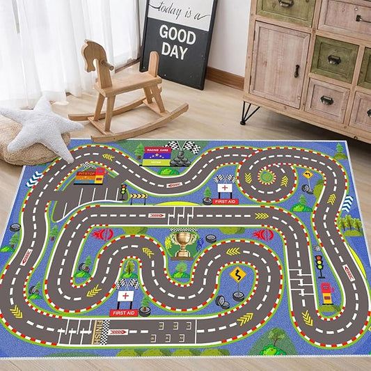 Kids Rug, Race Track Playmat Rugs 70×47 in Kids Carpet with Rubber Backing, Start and Finish line Racing Track Marking Car Road Race 3D Play Mat Nursery Rugs for Children Bedroom Playroom