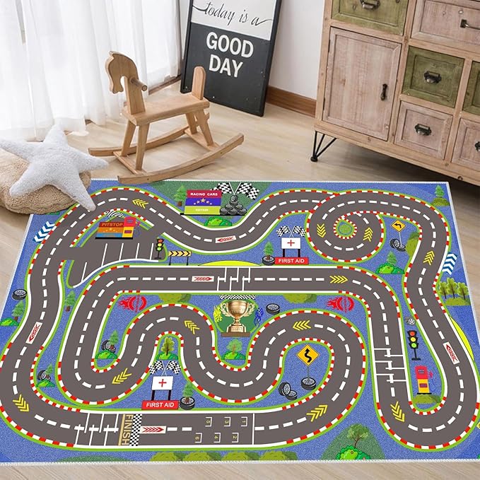 Kids Rug, Race Track Playmat Rugs 59×39 in Kids Carpet with Rubber Backing, Start and Finish line Racing Track Marking Car Road Race 3D Play Mat Nursery Rugs for Children Bedroom Playroom