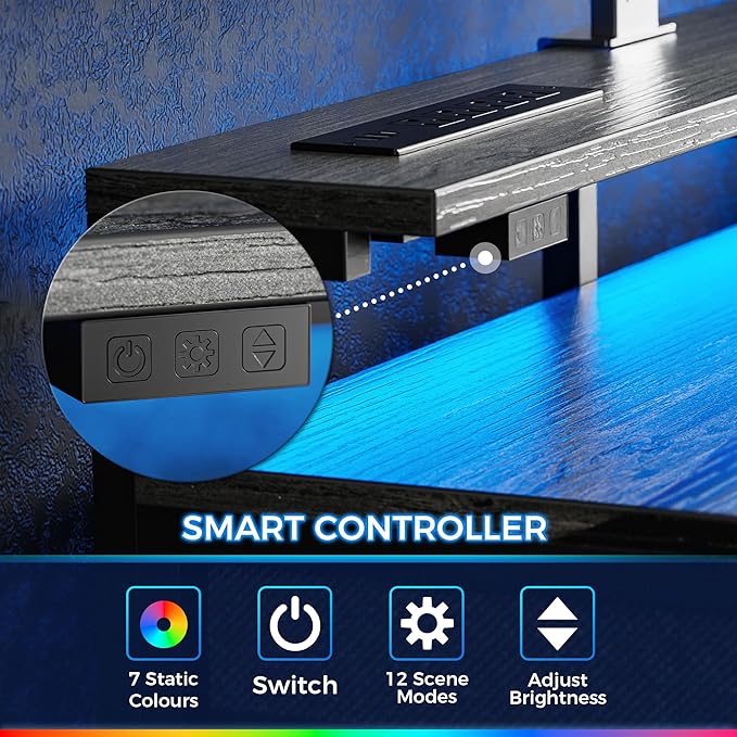 Huuger Gaming Desk with 6 Drawers, Computer Desk with LED Lights Power Outlets and Type-C, 47 Inch Office Desk with Storage, Monitor Stand, Writing Desk Work Desk for Home Office, Bedroom, Study, Grey