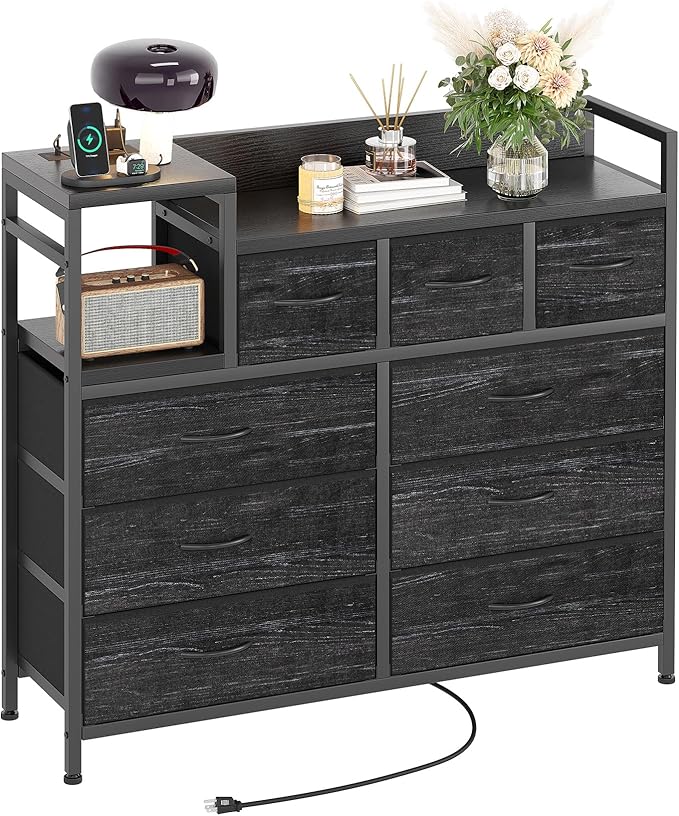 Jojoka TV Stand with Charging Station, Bedroom Dresser for Living Room TV Stand with 9 Drawers,（Black Willow）