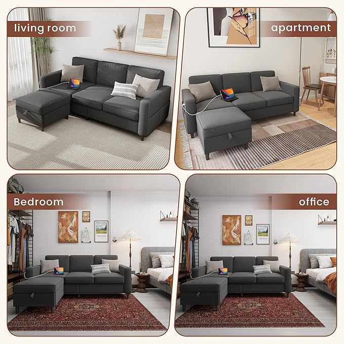 Sectional Couches for Living Room - Deep Seater Couch Living Room-Comfy L Shape Modular Sofa,with Storage Chaise-Washable Covers-Suitable for Living Rooms,Apartments,Rooms and Offices-Dark Gray,USB