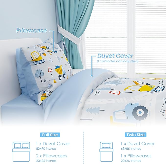 SANDJEST Construction Duvet Cover Sets Full Size for Kids Boys, Incude 1 Polyester Comforter Cover 80x90 Inches and 2 Pillowcases 20x26 Inches, Comforter Not Included, Gift for Christmas Birthday