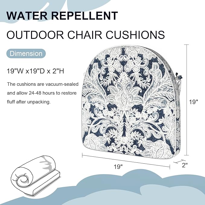 Set of 2 Outdoor Chair Cushions 19"x19"x2",Water Repellent Dining Seat Cushion with Ties and Removable Covers, Chair Cushions for Indoor and Patio Furniture, Damask Lapis