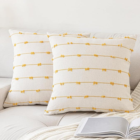 Boho Throw Pillow Covers 16x16 Set of 2 Modern Farmhouse Decorative Cushion Case Tufted Square Pillows Cover Neutral Pillow Cases Accent Pillowcase for Sofa,Couch,Bed,Beige and Yellow