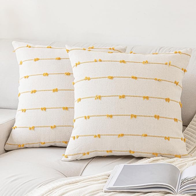 Boho Throw Pillow Covers 18x18 Set of 2 Modern Farmhouse Decorative Cushion Case Tufted Linen Square Pillows Cover Neutral Pillow Cases Accent Pillowcase for Sofa,Couch,Bed,Beige and Yellow