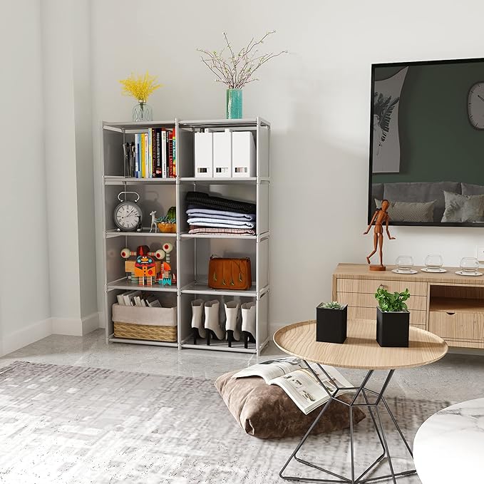 JIUYOTREE 5-Tiers Closet Storage Organizer with Fabric Cloth at Back，Double Row Modular Cubes Bookshelf,Living Room,Study Room,Bedroom,Grey