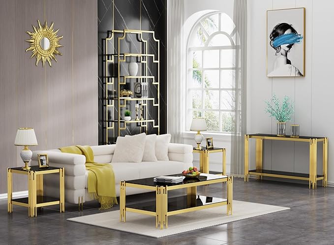4 Pieces Glass Living Room Table Set, Modern Coffee Table Console Table and 2 End Table Set with Storage Glass Gold Coffee Table Set w/Stainless Steel Frame for Apartment Home Office