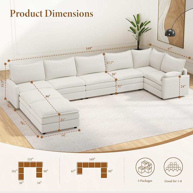 Vesgantti Large Modular Sectional Sofa, Big Comfy Cloud Couch with Ottoman Deep Seat Chenille Cloud Sofa, 8 Seater Large Sectional Couches for Living Room, Bedroom and Apartment, Snow White