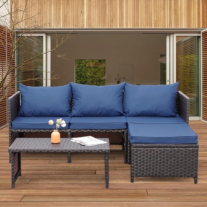 Valita Outdoor Furniture Set 3 Piece Patio Set Patio Conversation Sets Outdoor Sectional Sofa Patio Loveseat Coffee Table with Non-Slip Cushions, Navy Blue