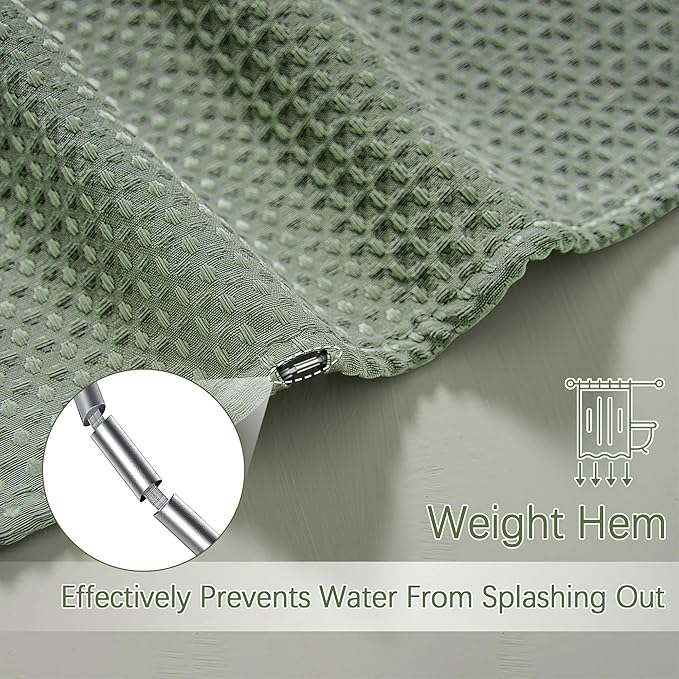 Sage Green Shower Curtain for Bathroom Waffle Textured Heavy Duty 78 Inch Shower Curtain Set for Bathroom, Water Repellent 256GSM Neutral Fabric Shower Curtains with 12 Metal Hooks, 72Wx78H