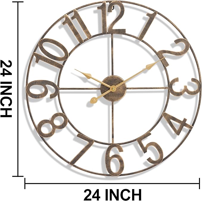 Sorbus 24-Inch Large Wall Clock – Decorative Brown Metal Clock with Gold Hands – Silent, Battery Operated, Modern Wall Decor for Living Room, Kitchen, or Office - Great Gift for Housewarming or Office