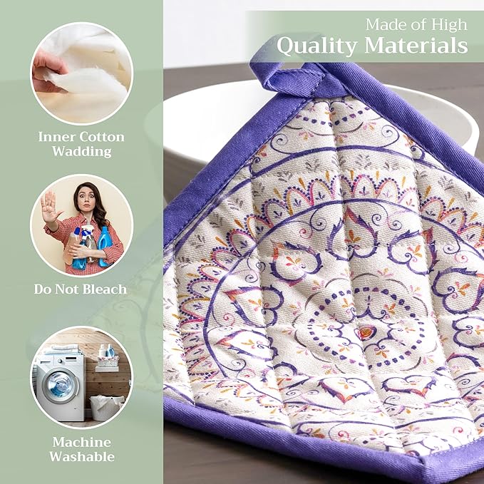 Maison d' Hermine Pot Holders 100% Cotton Heat Resistant Potholders 8" x 8" Hot Pads with Loop BBQ, Cooking, Baking, Grilling, Kitchen, Handling Hot Pans Spring/Summer (Pack of 1, Mandala)