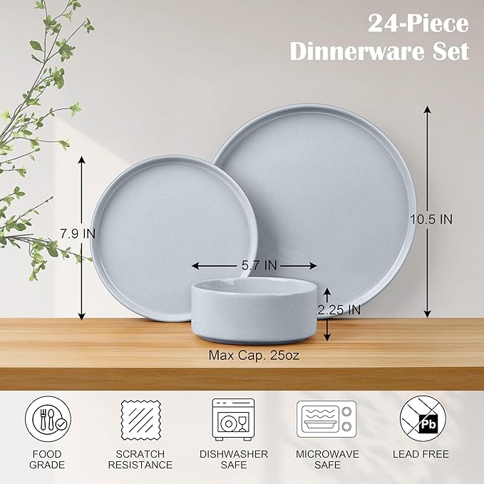 E-far Dinnerware Sets for 8, 24-Piece Stoneware Plates and Bowls Dish Set, Modern Kitchen Dinning Dishware, Chip and Scratch Resistant, Microwave & Dishwasher Safe, Speckled Gray