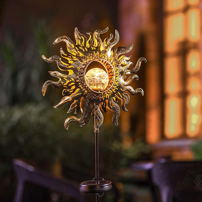 Solar Lights Outdoor Garden Decor Solar Powered Sun Lantern for Yard, Patio,Lawn or Pathway Sun Decorations Crackle Glass Globe Stake Metal Lights Waterproof Warm LED Garden Pathway