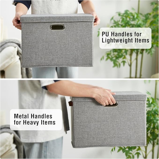 17" Large Collapsible Storage Bins with Lids, Stackable Closet Organizers with PU Handle and Labels, 3-Pack Decorative Fabric Storage Boxes for Home, Bedroom, Closet, Office, Nursery(Gray)