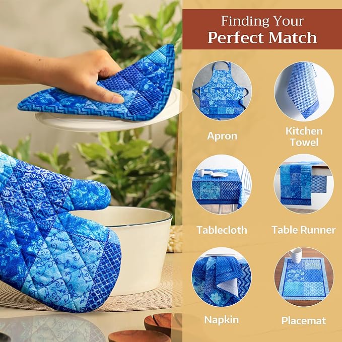 Maison d' Hermine 100% Cotton Oven Mitt & Pot Holder Set (7.5"x13" & 8"x8") Heat Resistant BBQ Cooking Gloves with Loop, Baking, Grilling, Kitchen, Handling Hot Pans Spring/Summer (Indigo Love)