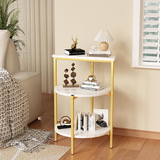 AWQM Marble Side End Table, 3-Tier Sofa Side Table,Small Round Coffee Table Bedside Table, Corner Table w/Metal Frame for Living Room Bedroom, White+Gold