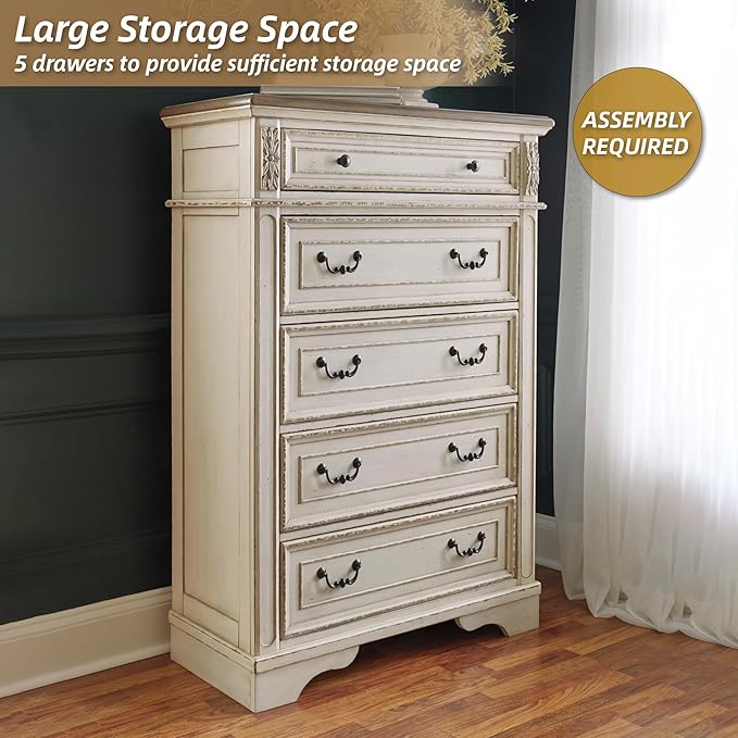 Signature Design by Ashley Realyn French Country 5 Drawer Chest, Tipover Restraint Device, 2-tone Finish, Wood, 40.13" W x 18.13" D x 58.13" H, Chipped White