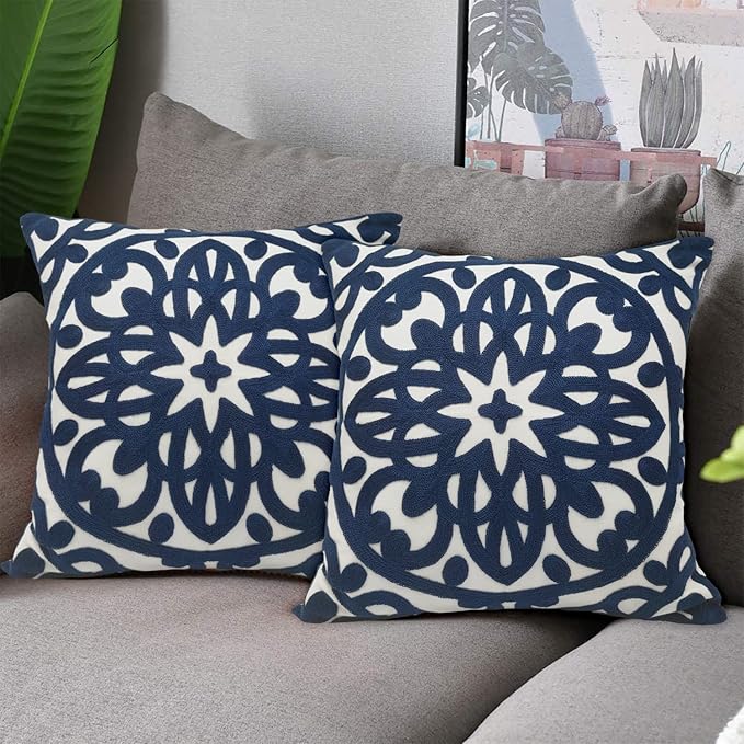 Alysheer Embroidered Decorative Throw Pillow Covers 18"x18" Set of 2 Pieces, Classic Boho Mandala Knit Pattern, Durable 100% Cotton Canvas Cozy Cushion Cases for Sofa Couch Living Room (Navy Blue)