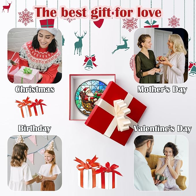 Stained Glass Window Hanging - Santa Claus Gift BoxSuncatcher for Doors Home Christmas Decoration Winter Sun Catcher Thanksgiving New Year Birthday Gift for Women Men Mom Nana 9.8 in