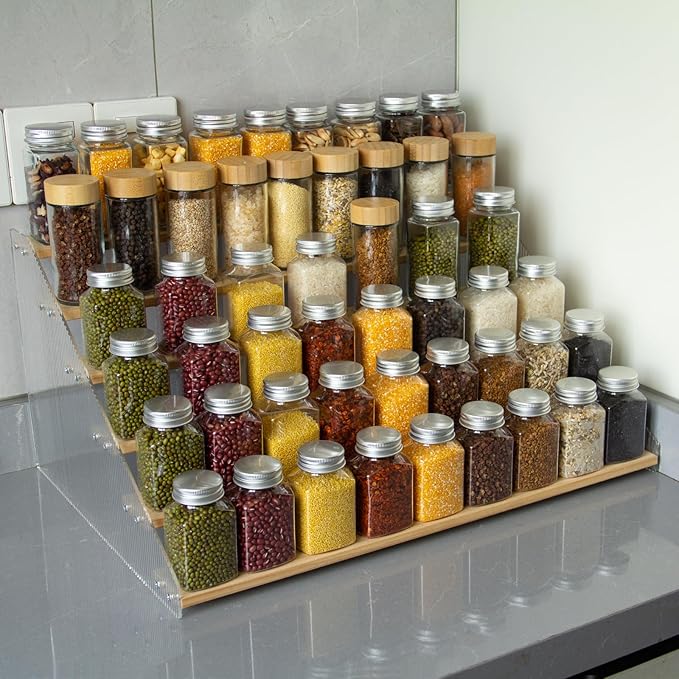 nianfeng Tiered Spice Rack, 6-Tier Spice Pantry Kitchen Cabinet Organizer, 19.9-Inch, Natural Wood Acrylic Stair Riser Stand, Countertop Seasoning Shelf