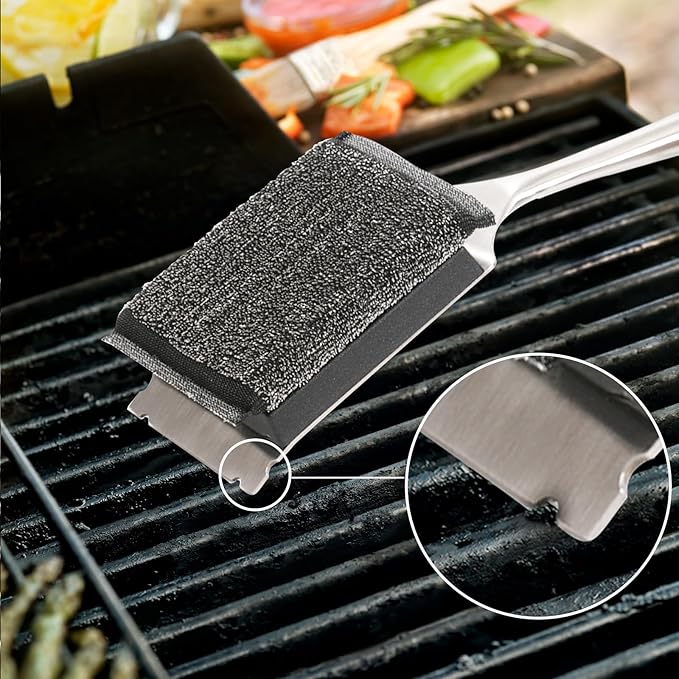 Bristle-Free Grill Brush with Steam Cleaning - Heat-Resistant Aramid Fiber Pad & 1 Replaceable Head 16 Inch Long Wood Handle- Safe for All Types Grills,Ideal Gift for Dads