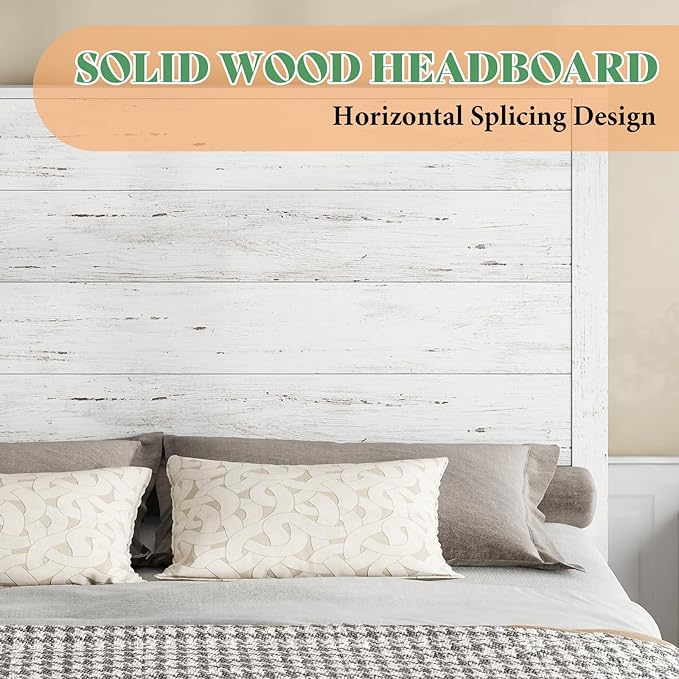 AMERLIFE Queen Size Wood Bed Frame, Rustic 51.2" Platform Bed with Spliced Headboard, Wood Slats Support/Noiseless/No Box Spring Needed, Antique White