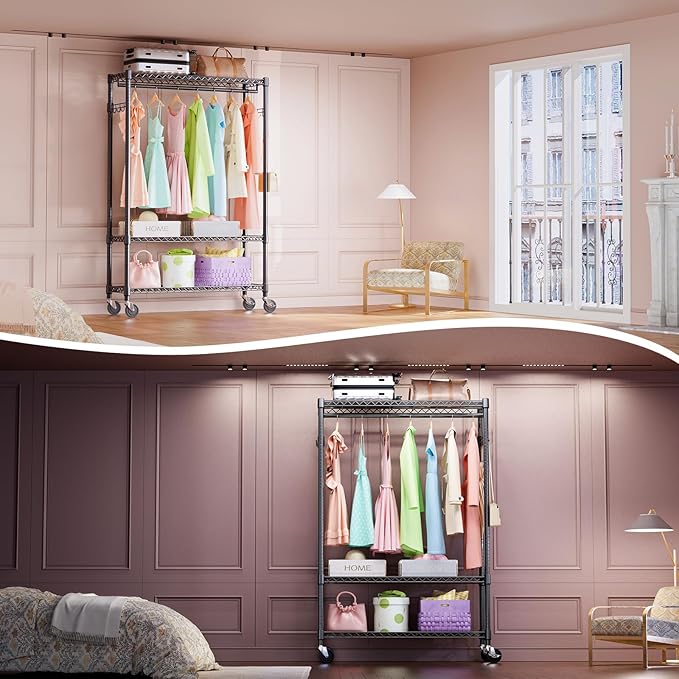 IZEUK Rolling Clothes Rack Heavy Duty, 3-Tier Garment Rack on Wheels for Hanging Clothes with 1 Rod, Metal Freestanding Adjustable Wardrobe Closet Organizer, 45.3" W x 15.7" D x 75.6" H, Black