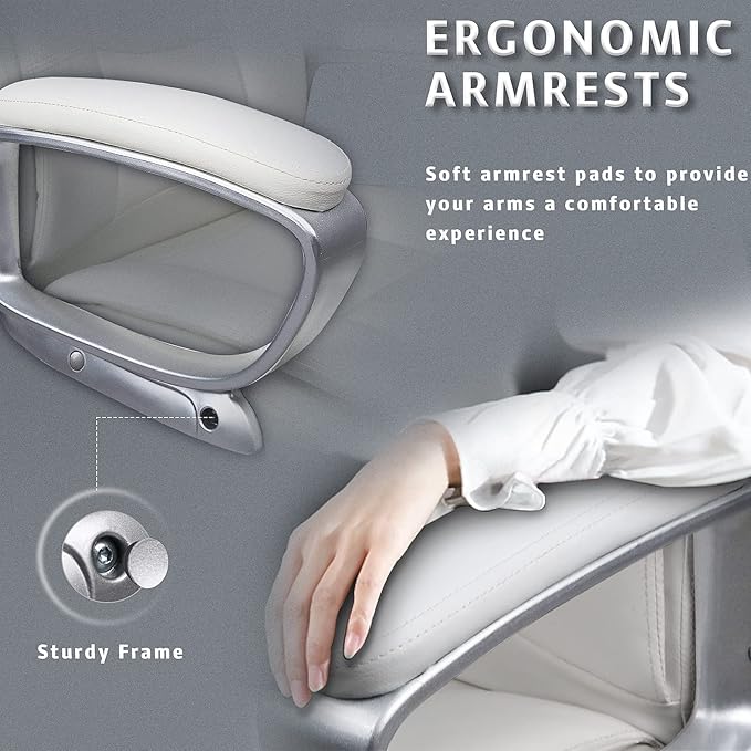 LEMBERI Office Desk Chair, Big and Tall Managerial Executive Chair, High Back Computer Chair, Ergonomic Adjustable Height PU Leather Chairs with Cushions Armrest for Long Time Sitting (White)