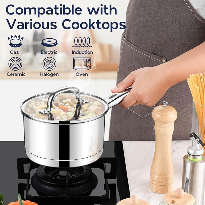 LIANYU 2QT & 3QT Saucepan with Tempered Glass Lid, Stainless Steel Small Sauce Pan Cooking Pot Set, Tri-Ply Bottom Versatile Sauce Pot for Kitchen, Oven & Dishwasher Safe