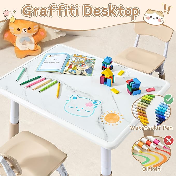 Adjustable Kids Table Chairs Set – Graffiti Desktop, Multi-Activity Height-Adjustable Toddler Study Desk for Ages 3-8 – Ideal for Home, Classroom, Daycare (B-Brown, 2 Chairs-31.5" L x 23.6" W)