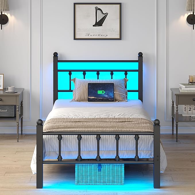 Full Bed Frame with Smart LED Lights, Storage Headboard and USB Charging Station,Heavy Duty Wooden Slats, No Box Spring Needed, Noise Free, Easy Assembly (Retro Black, Twin)