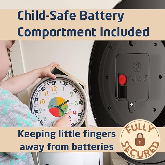 OWLCONIC Non Ticking Analog Clock for Kids Learning to Tell Time, Teaching Clock for Kids Wall, Clocks for Classroom, Homeschool Decor, Bedrooms, Silent, Homeschooling Resource.