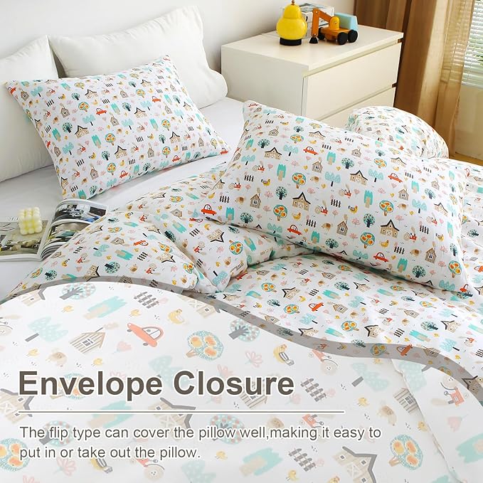 Ivellow Twin Duvet Cover for Kids Cartoon 100% Cotton Kids' Duvet Cover Sets Cottage Farm House Car Patterned Duvet Cover Ultra Soft Breathable Cute Toddler Bedding Set Zipper Closure Boys Girls Teens