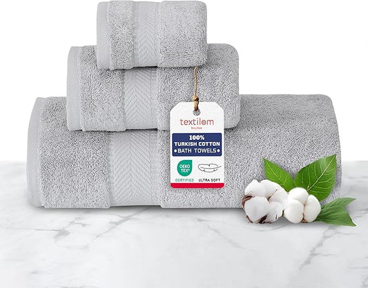 TEXTILOM 100% Turkish Cotton 3 Pcs Bath Towel Set, Luxury Bath Towels for Bathroom, Soft & Absorbent Bathroom Towels Set (1 Bathtowel, 1 Hand Towel, 1 Washcloth)- Light Grey