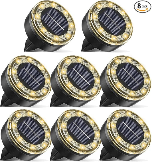 Mini Outdoor Solar Lights，8 Pack Solar Garden Light for Outside IP65 Waterproof, 8 LED Disc Landscape Lighting for Garden Yard Driveway Walkway Poolside Deck Lawn Patio，Warm White